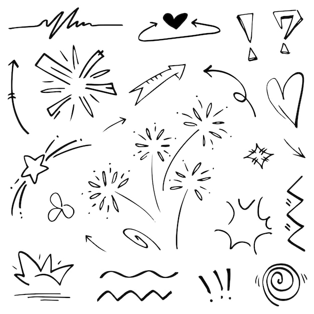 Hand getrokken set elementen abstracte pijlen linten harten sterren kronen en andere elementen in een hand getrokken stijl voor conceptontwerpen Krabbel illustratie vectorillustratie