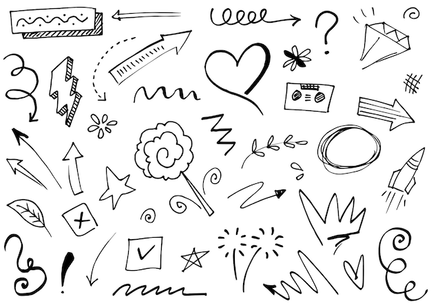 Hand getrokken set elementen abstracte pijlen linten harten sterren kronen en andere elementen in een hand getrokken stijl voor conceptontwerpen Krabbel illustratie vectorillustratie