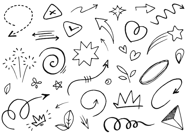 Hand getrokken set elementen abstracte pijlen linten harten sterren kronen en andere elementen in een hand getrokken stijl voor conceptontwerpen Krabbel illustratie vectorillustratie