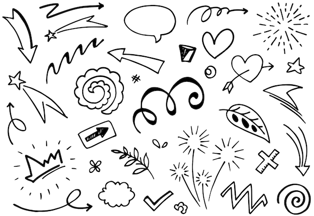 Hand getrokken set elementen abstracte pijlen linten vuurwerk harten lightninglove blad sterren kronen en andere elementen in een hand getrokken stijl voor conceptontwerpen Krabbel illustratie