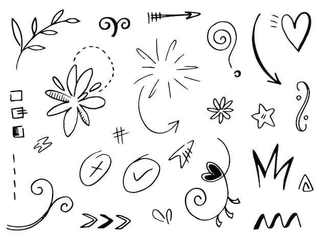 Hand getrokken set elementenAbstracte pijlen linten en andere elementen in de hand getekende stijl voor conceptontwerp Doodle vectorillustratie