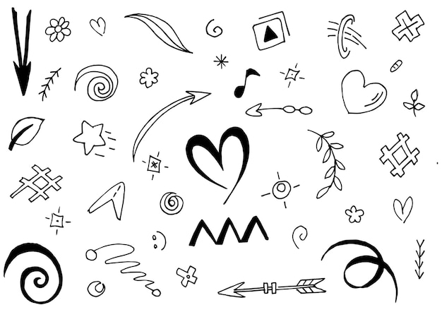 Hand getrokken set elementenAbstracte pijlen linten en andere elementen in de hand getekende stijl voor conceptontwerp Doodle vectorillustratie