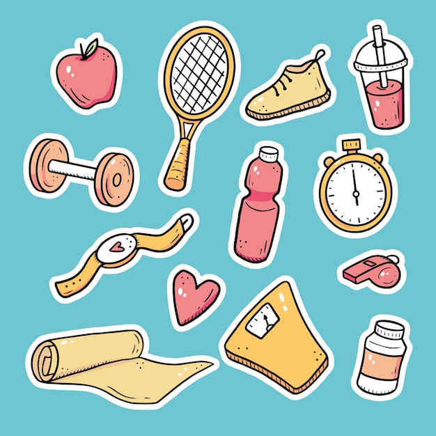 Vector hand getrokken set fitness, fitnessapparatuur, stickers voor activiteitenlevensstijl. doodle schets stijl. sport element ingesteld