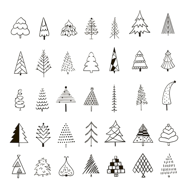 Vector hand getrokken set kerstbomen.