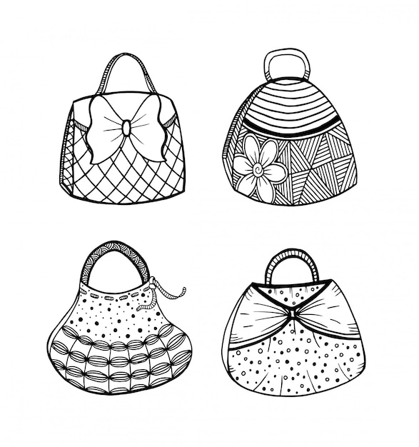 Hand getrokken set van vrouw handtas. Doodle, sierlijke, ornament stijl