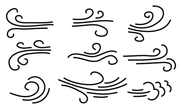 hand getrokken set wind doodle klap windvlaag ontwerp geïsoleerd op een witte achtergrond illustratie vector handgetekende stijl
