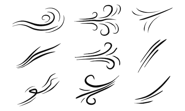 Hand getrokken set wind doodle klap windvlaag ontwerp geïsoleerd op een witte achtergrond vectorillustratie