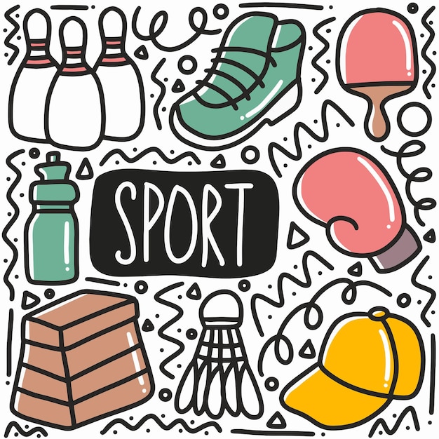 Hand getrokken sport doodle set met pictogrammen en ontwerpelementen