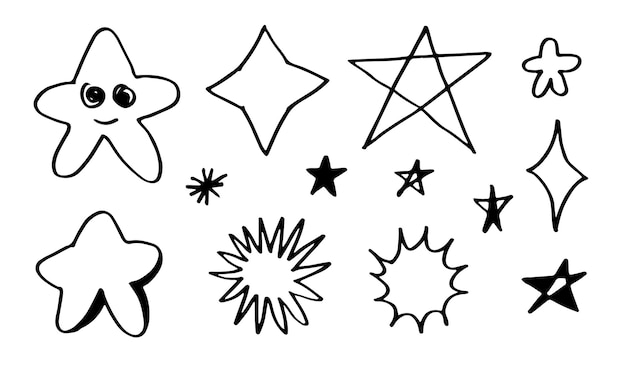 Hand getrokken sterren instellen Star doodles collectie op witte achtergrond