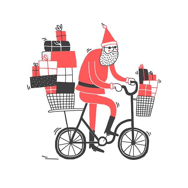 Hand getrokken stijl kerstman rijdt op een fiets vol geschenkdozen en bezorgt cadeautjes