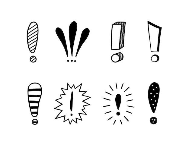 Hand getrokken uitroeptekens set. Gevaar waarschuwing hand tekenen symbool. Aandacht doodle pictogrammen. Uitroeptekens markeren pictogrammen. Vectorillustratie geïsoleerd in doodle stijl op een witte achtergrond