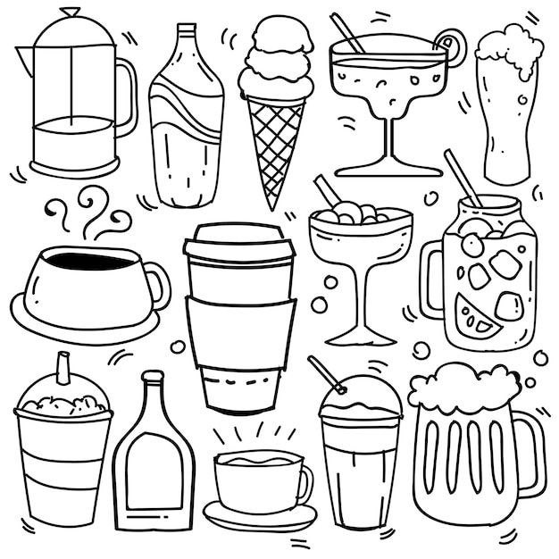 Hand getrokken van dranken in doodle stijl geïsoleerd op een witte achtergrond, vector hand getrokken set dranken thema. vector illustratie