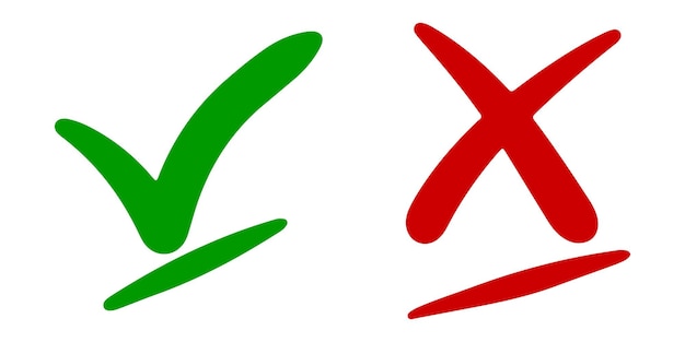 Vector hand getrokken van groen vinkje en rode kruis geïsoleerd goed en fout pictogram vectorillustratie
