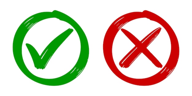 Hand getrokken van groen vinkje en Rode Kruis geïsoleerd Goed en fout pictogram vectorillustratie