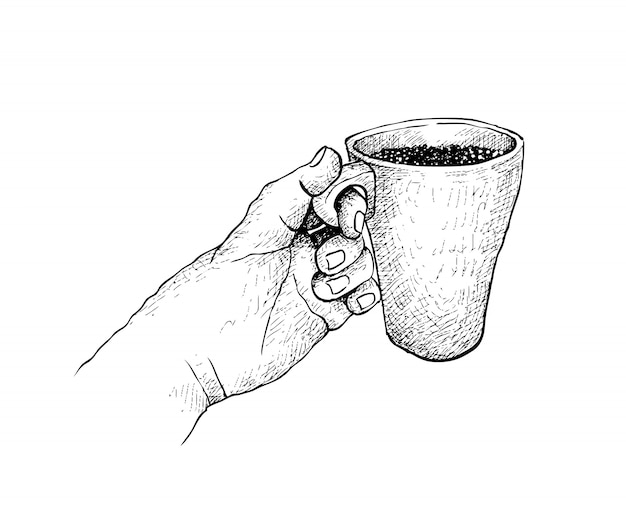 Hand getrokken van hand met een beker warme koffie