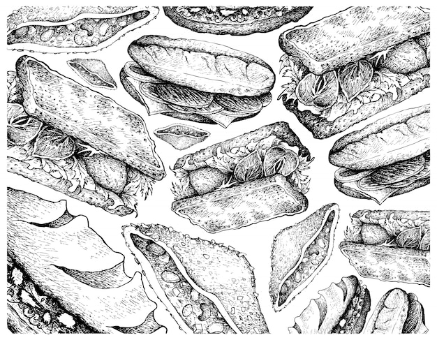 Hand getrokken van verschillende broodjes op witte achtergrond