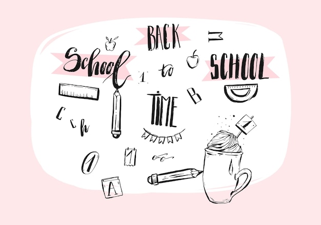 Hand getrokken vector abstracte school thema doodle iconshandgeschreven kalligrafie quotessigns en illustraties collectie set geïsoleerd op witte achtergrond