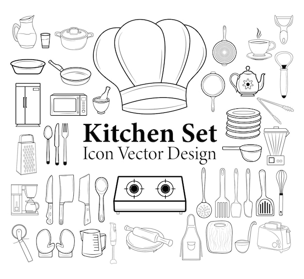 Hand getrokken vector illustratie keuken set pictogram ontwerp vintage schets stijl premium kunst patroon