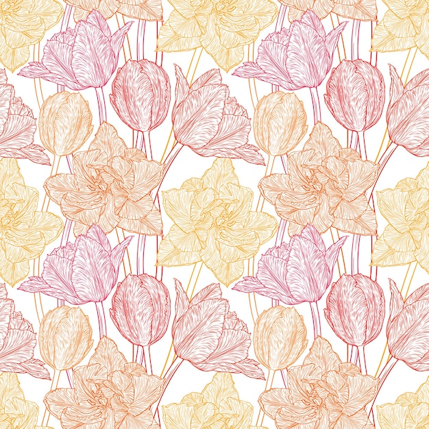 Hand getrokken vectorillustratie Naadloze patroon met decoratieve doodle tulpen handgetekende