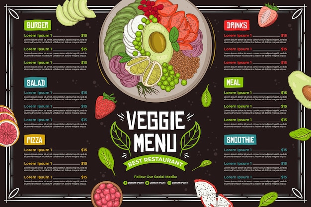 Vector hand getrokken vegetarische menusjabloon