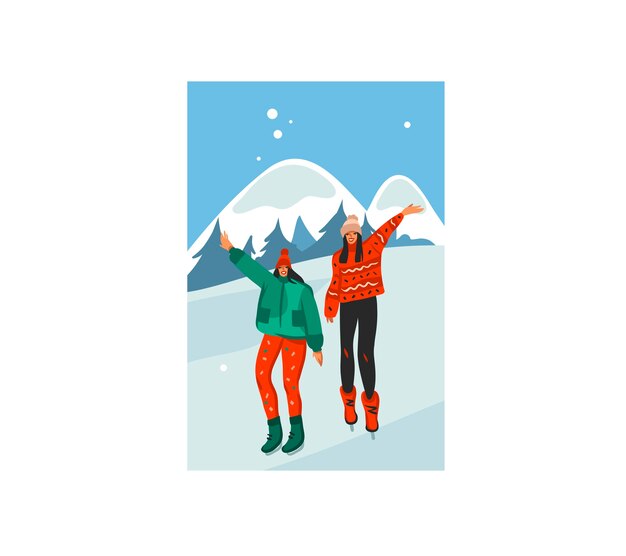 Vector hand getrokken voorraad platte merry christmas cartoon feestelijke illustratie van de tijd van de xmas van gelukkige meisjes lopen samen geïsoleerd op winterlandschap