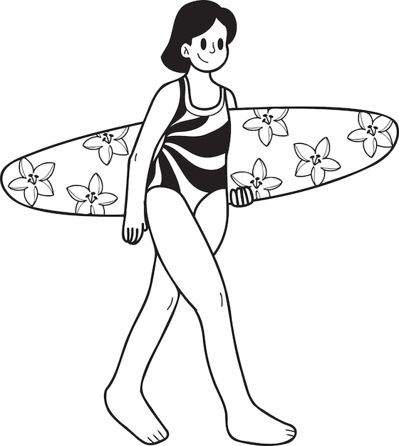 Hand getrokken vrouwelijke toerist met surfplank illustratie in doodle stijl
