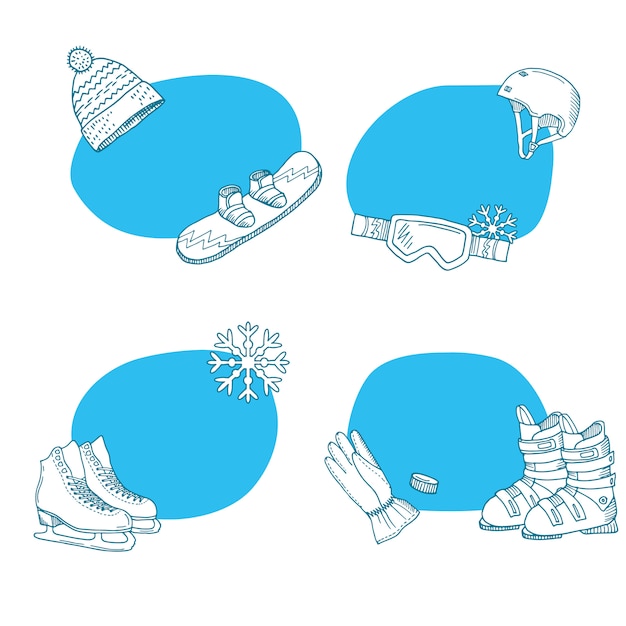 Hand getrokken wintersportuitrusting stickers collectie