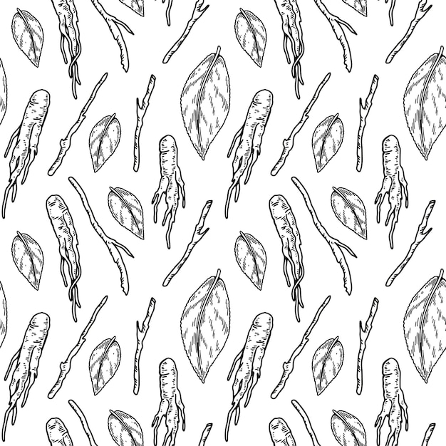 Hand getrokken wortels en bladeren naadloos patroon Vectorillustratie in schetsstijl Bosachtergrond
