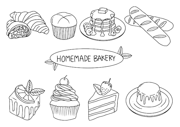 Vector hand getrokken zelfgemaakte bakkerij doodle clipart zoete desserts overzicht handgetekende menu decoraties vector