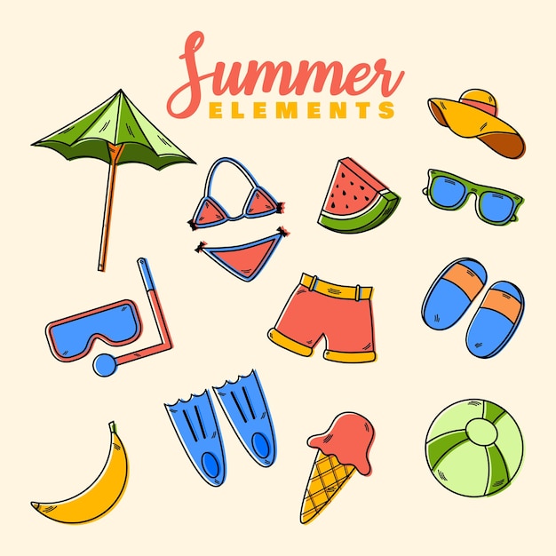 Hand getrokken zomer element clip art collectie