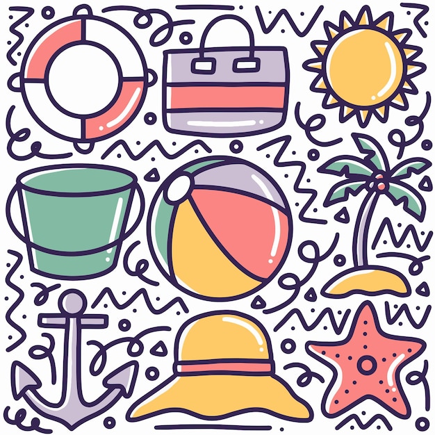 Hand getrokken zomer strand doodle set met pictogrammen en ontwerpelementen