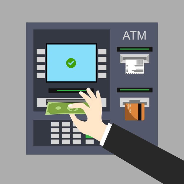 Vector hand getting money from atm machine slot withdrawing dollar banknote vector banking illustration