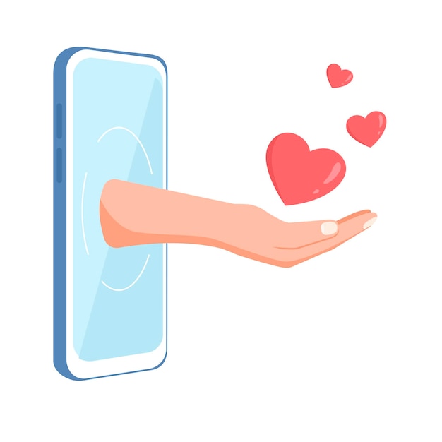 Hand geven harten van smartphone, liefde op afstand. vector illustratie