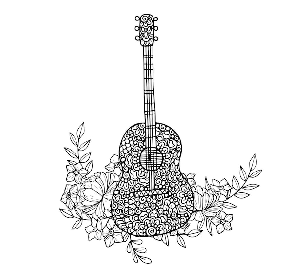 hand gitaar tekenen met een mooie bloem achtergrond kleurpagina voor volwassenen