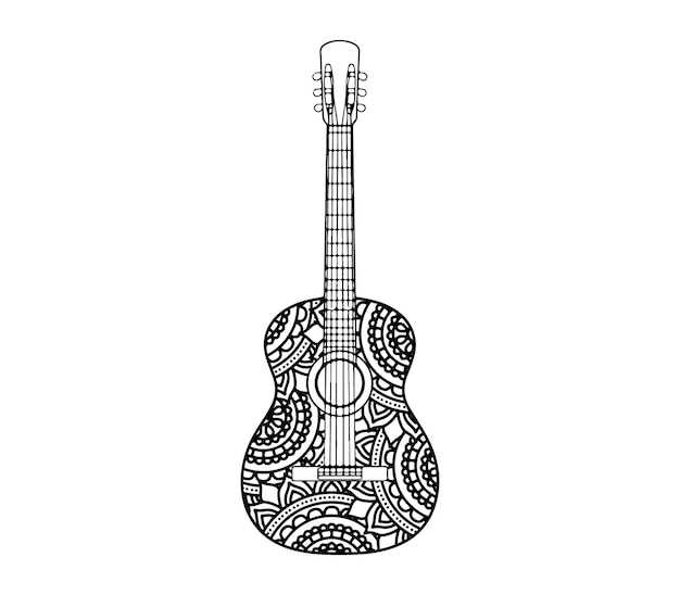 Vector hand gitaar tekenen met een mooie bloem achtergrond kleurpagina voor volwassenen