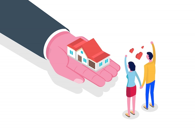 Hand give house. real estate isometric concept.  illustration.