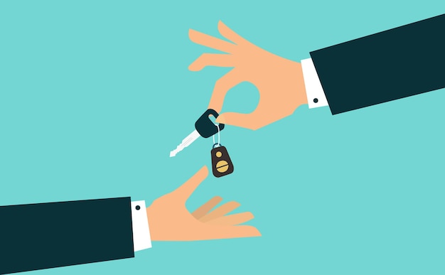 Hand giving car keys with chain. vector illustration