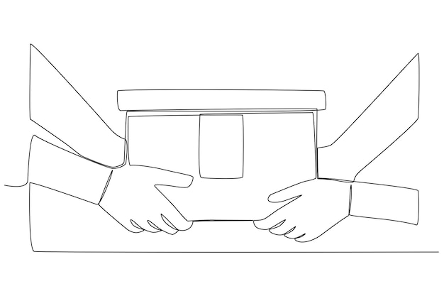 A hand giving a charity box to other one line art