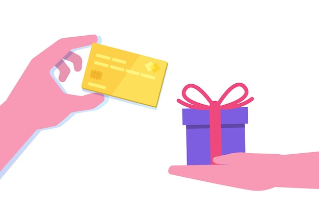 Mano che dà carta di credito e mano con regalo in design piatto