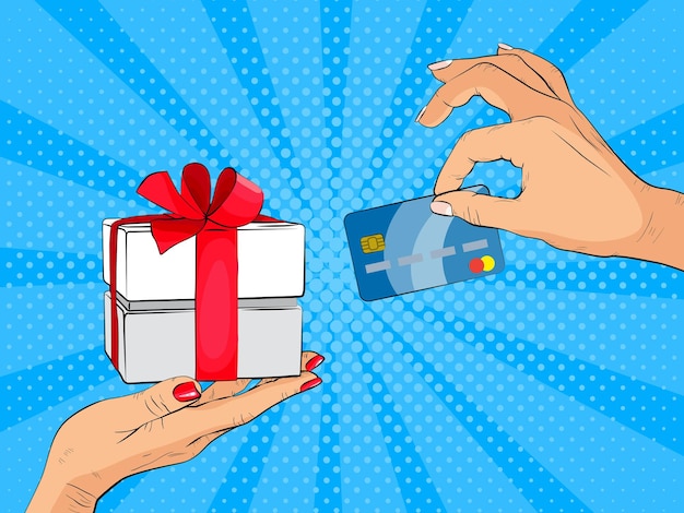 Hand giving credit card and present gift instead in pop art style