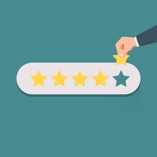 Hand giving five star rating Customer experience and evaluation concept