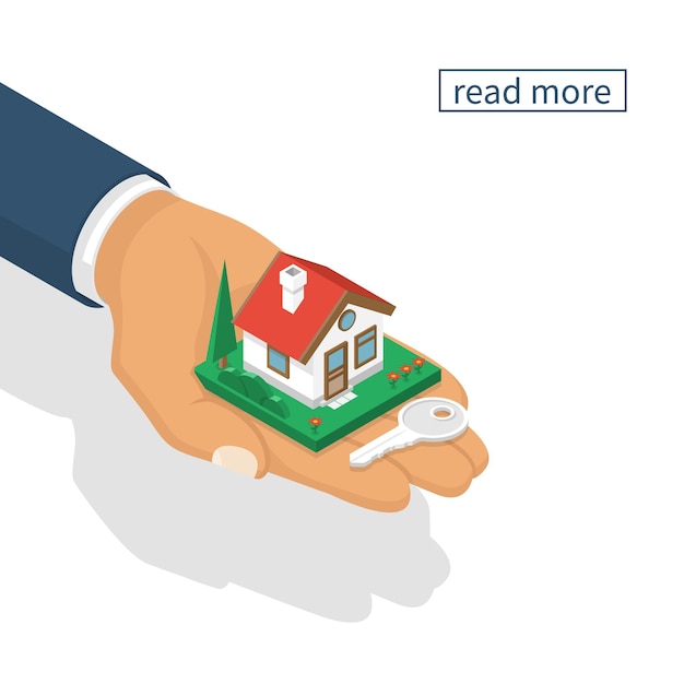 Hand giving house keys isometric design isolated on white background Vector illustration flat style Real estate agent handing holding in palm home and key Template for sale rent home