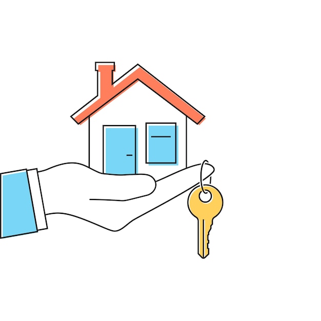 Hand giving house keys Thin line vector illustration flat minimal design Real estate agent handing over house keys Template for sale rent home