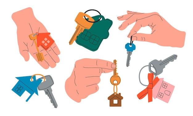 Vector hand giving house keyscartoon key home rental buying property real estate purchase deal sale