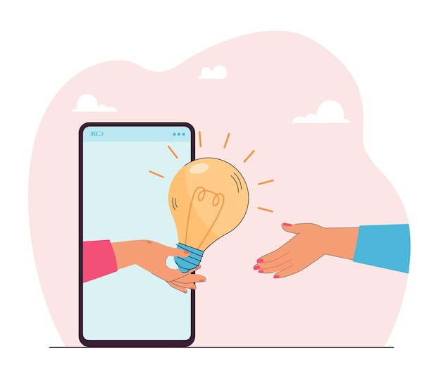 Hand giving light bulb from screen of mobile phone. person receiving digital information and ideas online flat vector illustration. innovation concept for banner, website design or landing web page