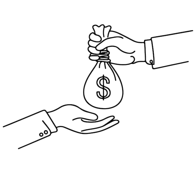 hand giving money bag to another people financial goal business doodle concept vector illustration