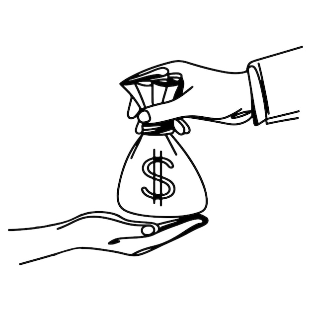 hand giving money bag to another people financial goal business doodle concept vector illustration