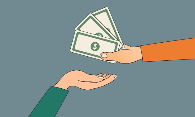 Hand giving money to other hand Pay for something Vector illustration