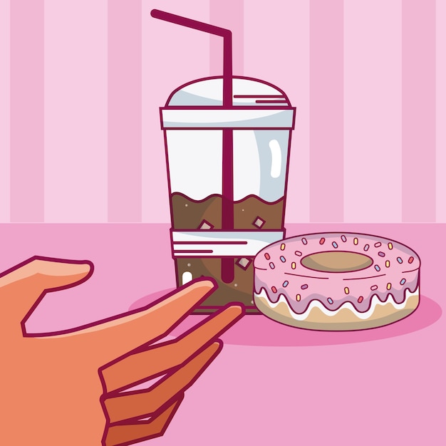 Hand grabbing coffee cold cup with donut 