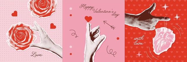 발렌타인 데이 콜라주 스타일 카드를 위한 하프톤에 손을 대고 여성 손을 잡고 하프톤을 제공합니다.
